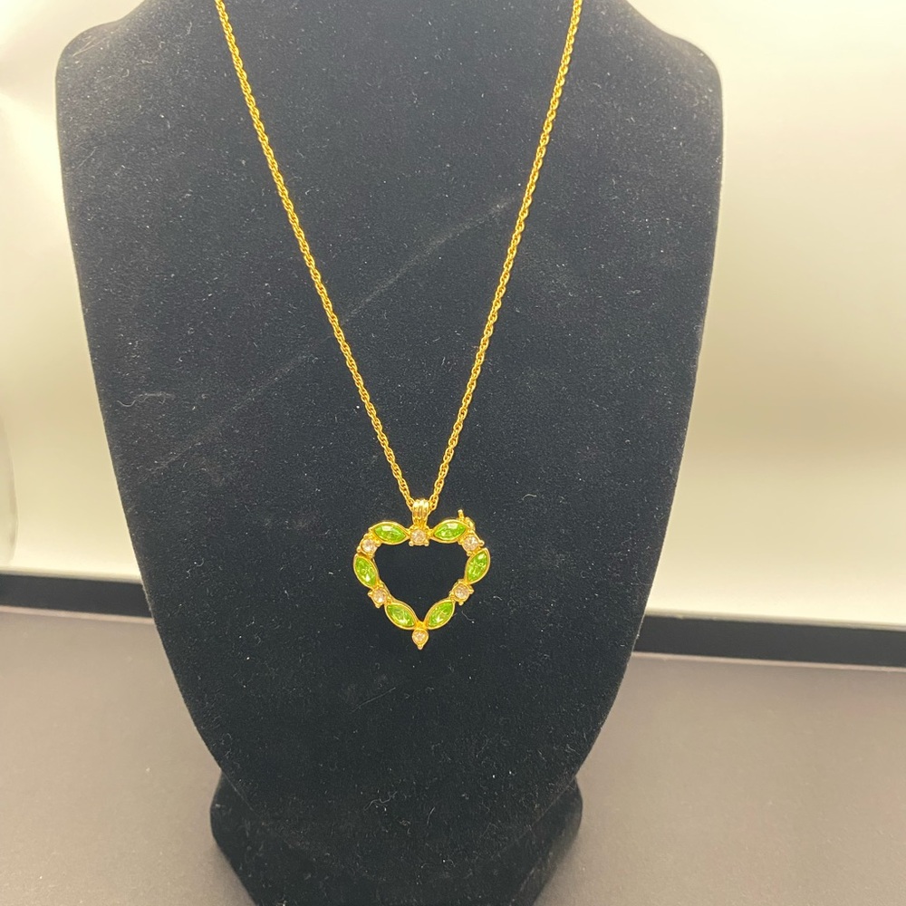 Gold Heart Pendant Necklace & Brooch with Green Gem Accents